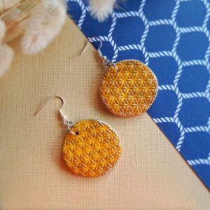 Flower of life earrings, yellow base, silver standard hoop, gold lustre finish