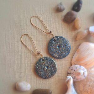 Blue pendant base, gold long loop-hoop, gold lustre finish