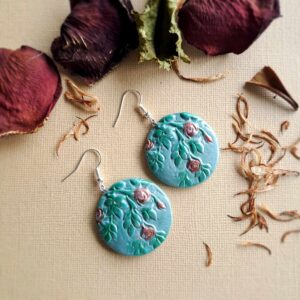 Winter rose earring, teal base, silver standard hook, multi lustre finish