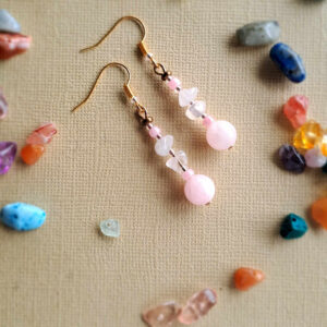 Pink and pearl gem and bead earring on gold look standard hook