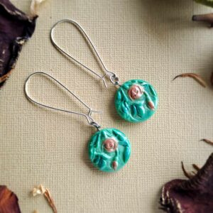Small winter rose earring, teal base, silver long loop, multi lustre finish