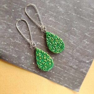 Flower of life earrings, green small teardrop base, gold long loop hoop, gold lustre finish