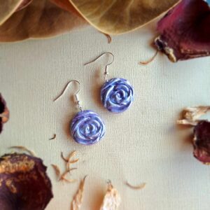 Small rose earrings, purple base, silver standard hoops, silver lustre finish